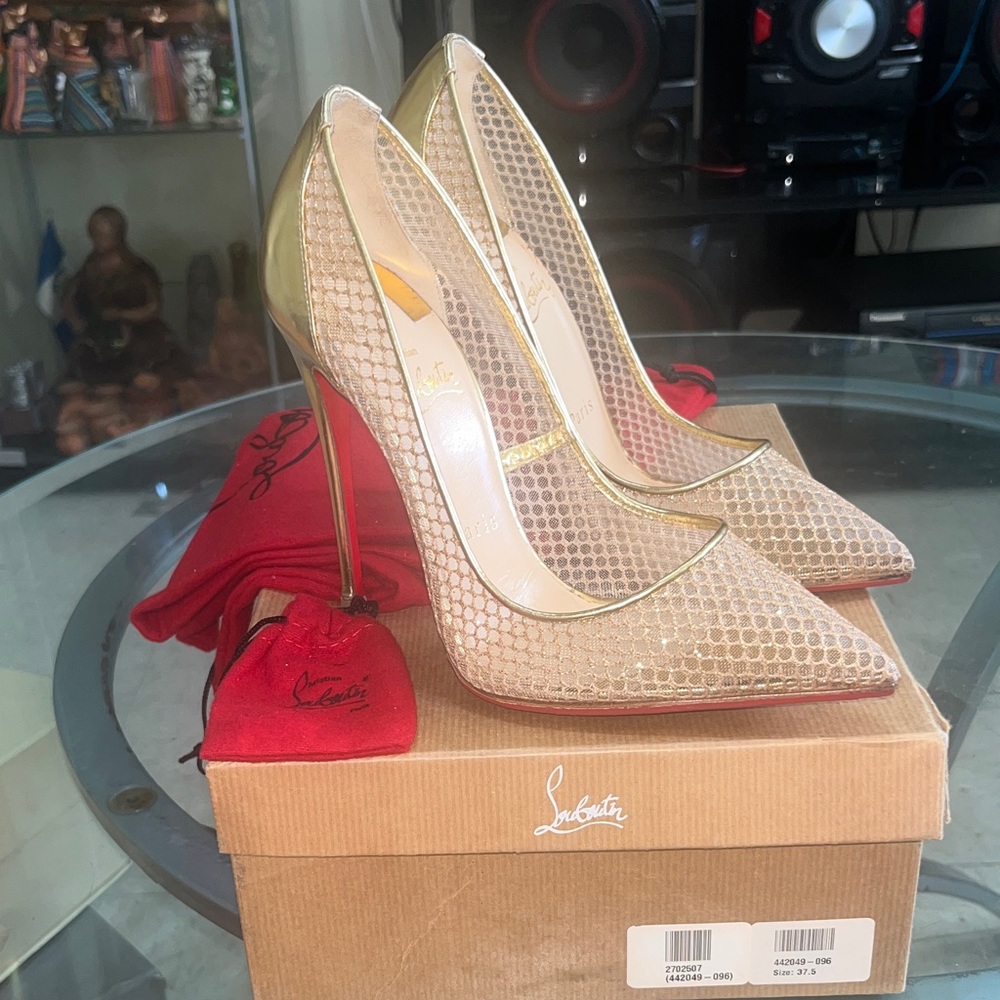 Christian Louboutin Gold Glitter Mesh Stilettos